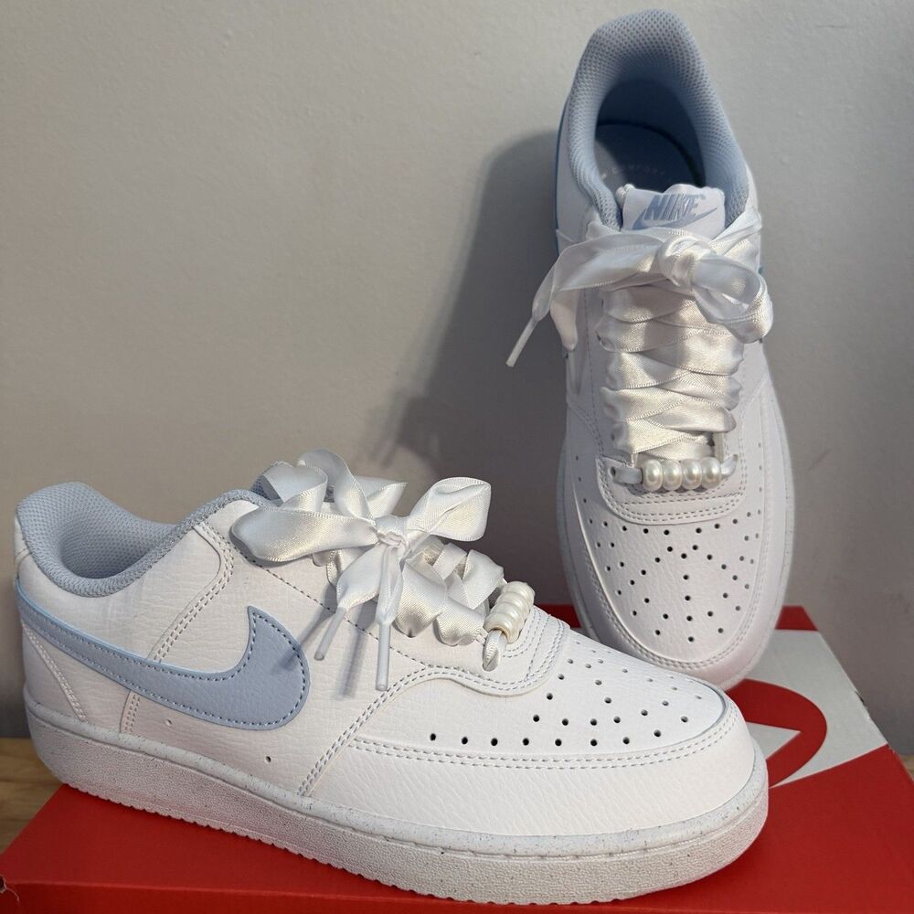Nike Court Vision Low LE White Hydrogen Blue Custom Pearl Ribbon Laces Wmns 8.5